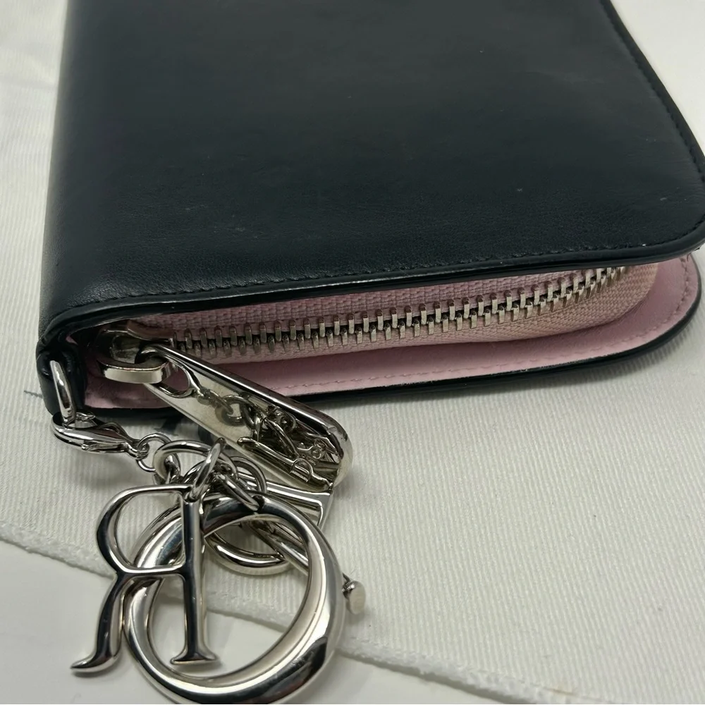 Dior Chevron Sequin Zip Around Long Wallet Black Leather Pink Interior Authentic